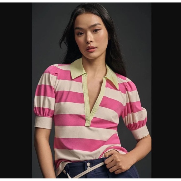 Anthropologie Tops - Maeve Anthropologie puff sleeve rugby Pink/White stripe polo top Green Collar S